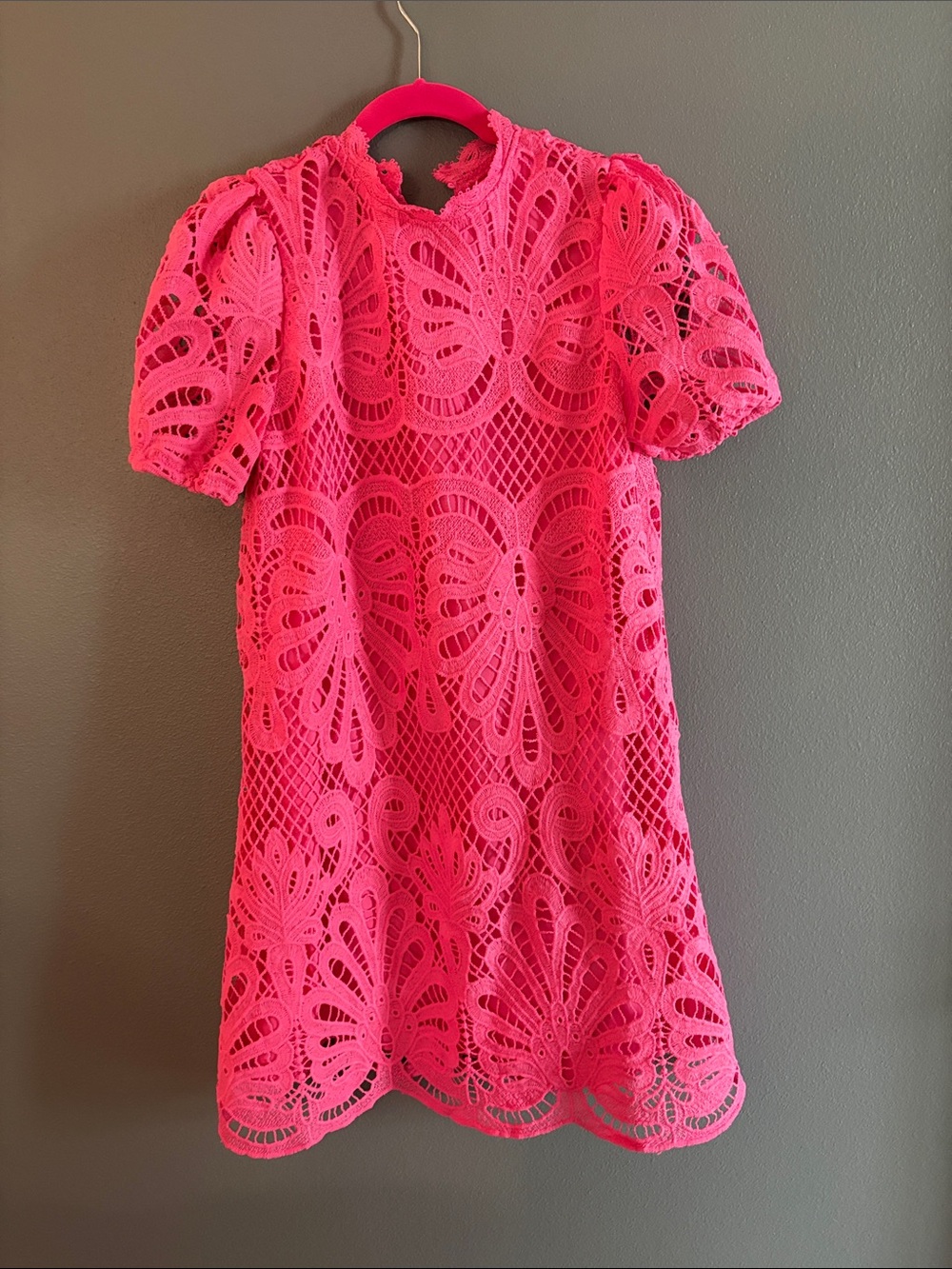 SHEIN Hot Pink Lace Midi Dress with Puff Sleeves